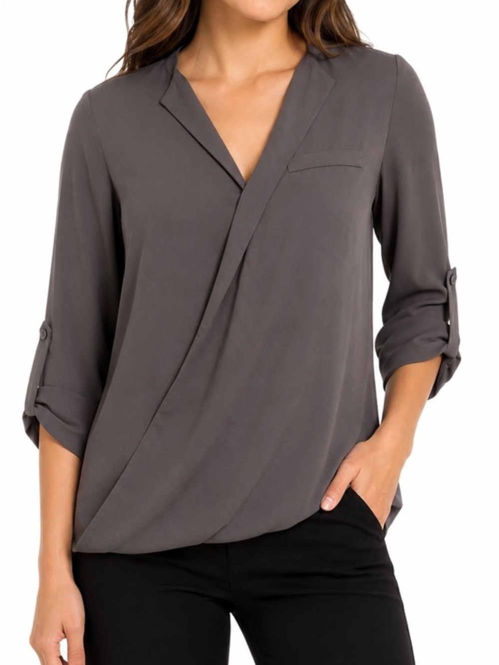 Pleione Gray Faux Wrap Surplice Roll Tab Sleeve Blouse Women’s Small
